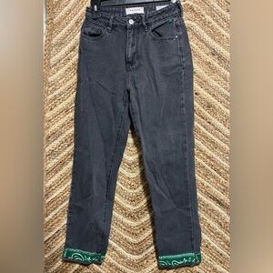 Pacsun Women's Green & White Paisley Embroidered Dark Grey Mom Jeans,Size 24